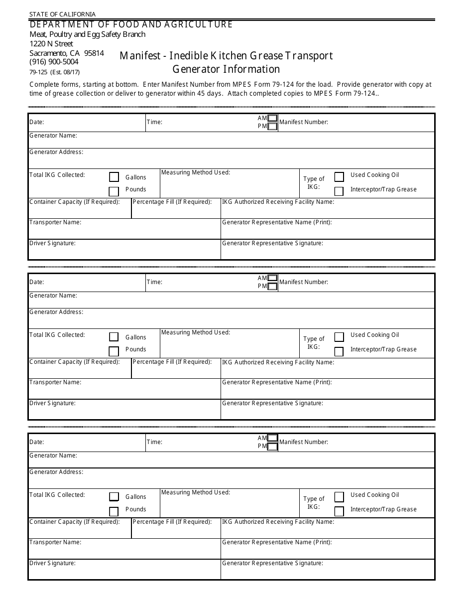 Form 79-125 Manifest - Inedible Kitchen Grease Transport Generator Information - California, Page 1