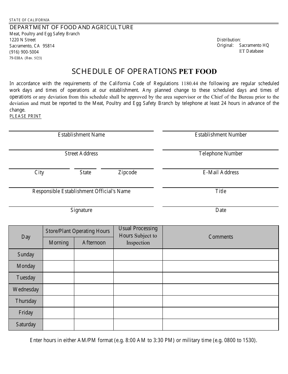 Form 79-038A Schedule of Operations Pet Food - California, Page 1