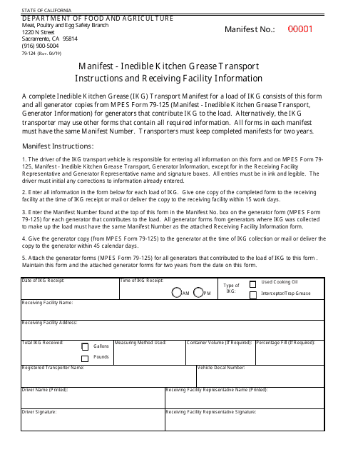 Form 79-124 Manifest - Inedible Kitchen Grease Transport Instructions and Receiving Facility Information - California