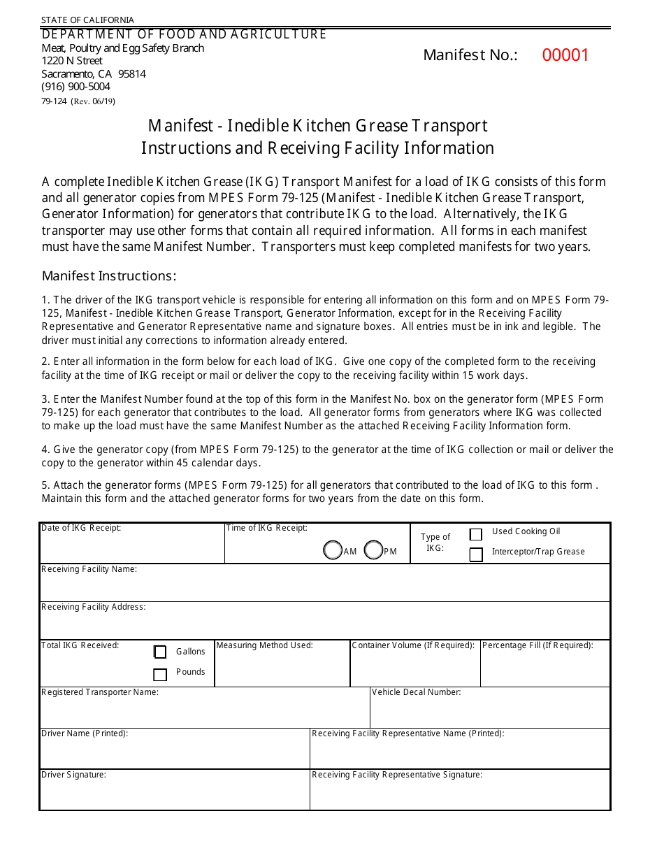 Form 79-124 Manifest - Inedible Kitchen Grease Transport Instructions and Receiving Facility Information - California, Page 1