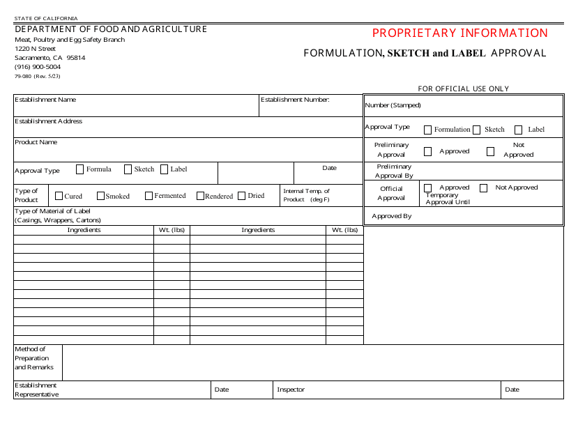 Form 79-080 Formulation, Sketch and Label Approval - California