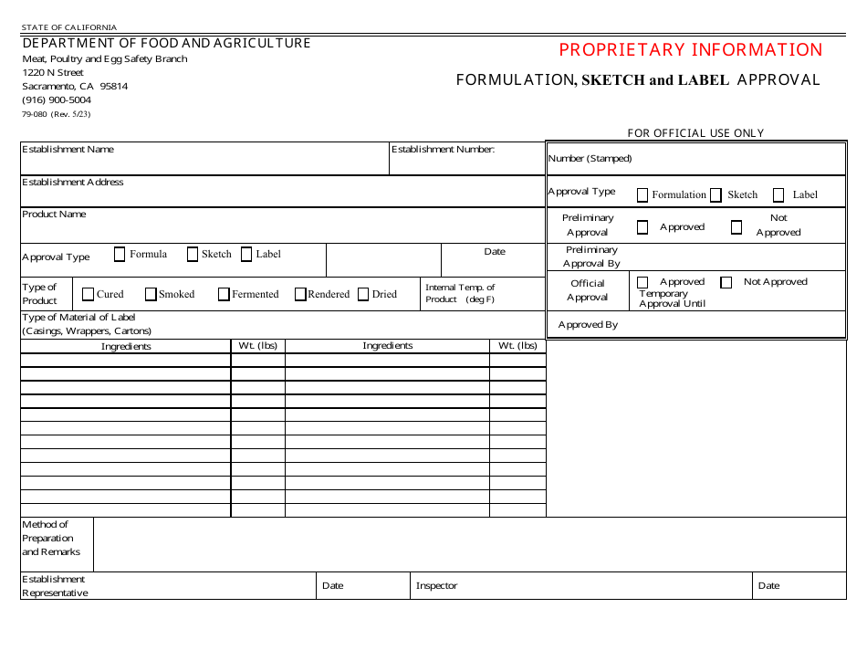 Form 79-080 Formulation, Sketch and Label Approval - California, Page 1
