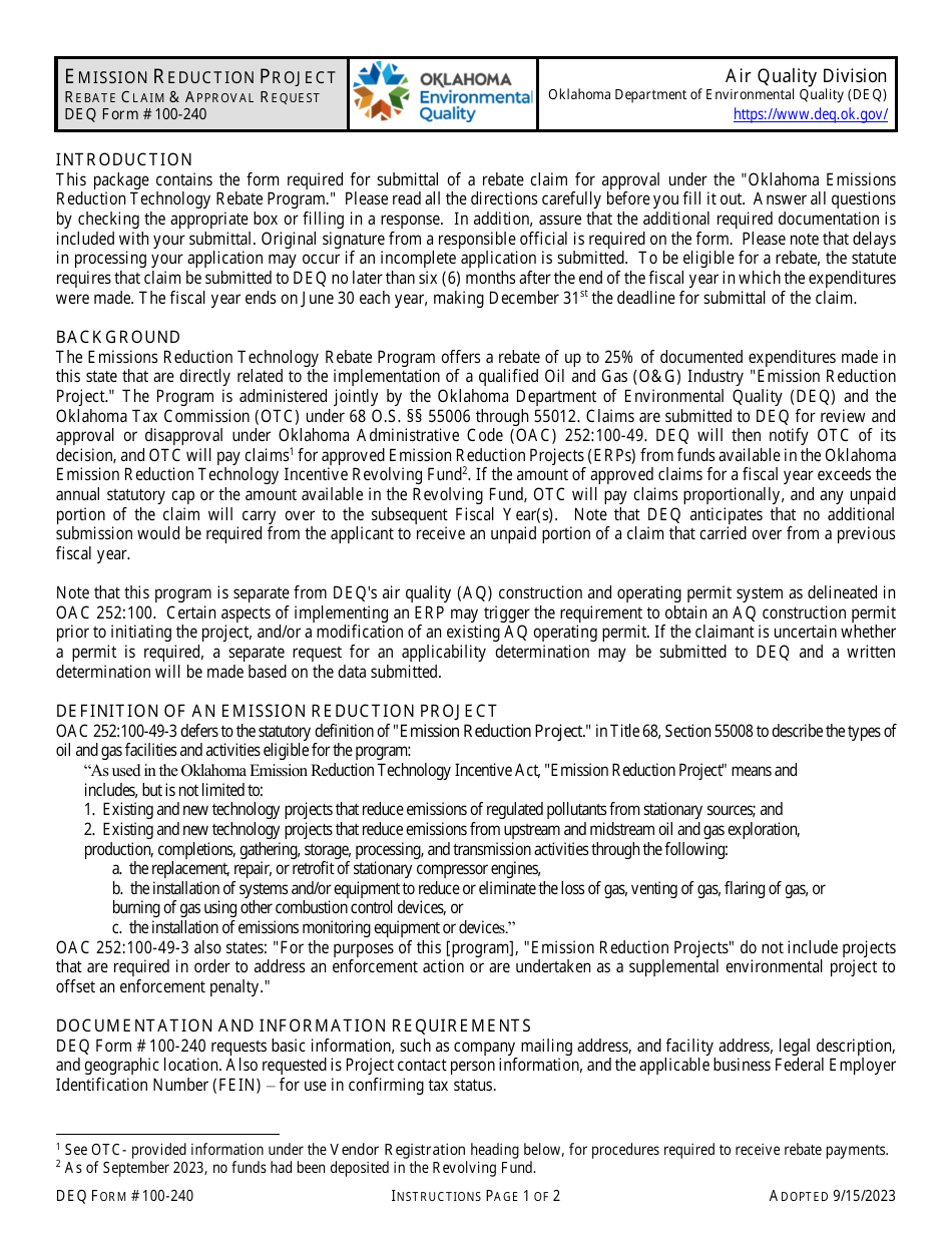 DEQ Form 100-240 Emission Reduction Project Rebate Claim  Approval Request - Oklahoma, Page 1