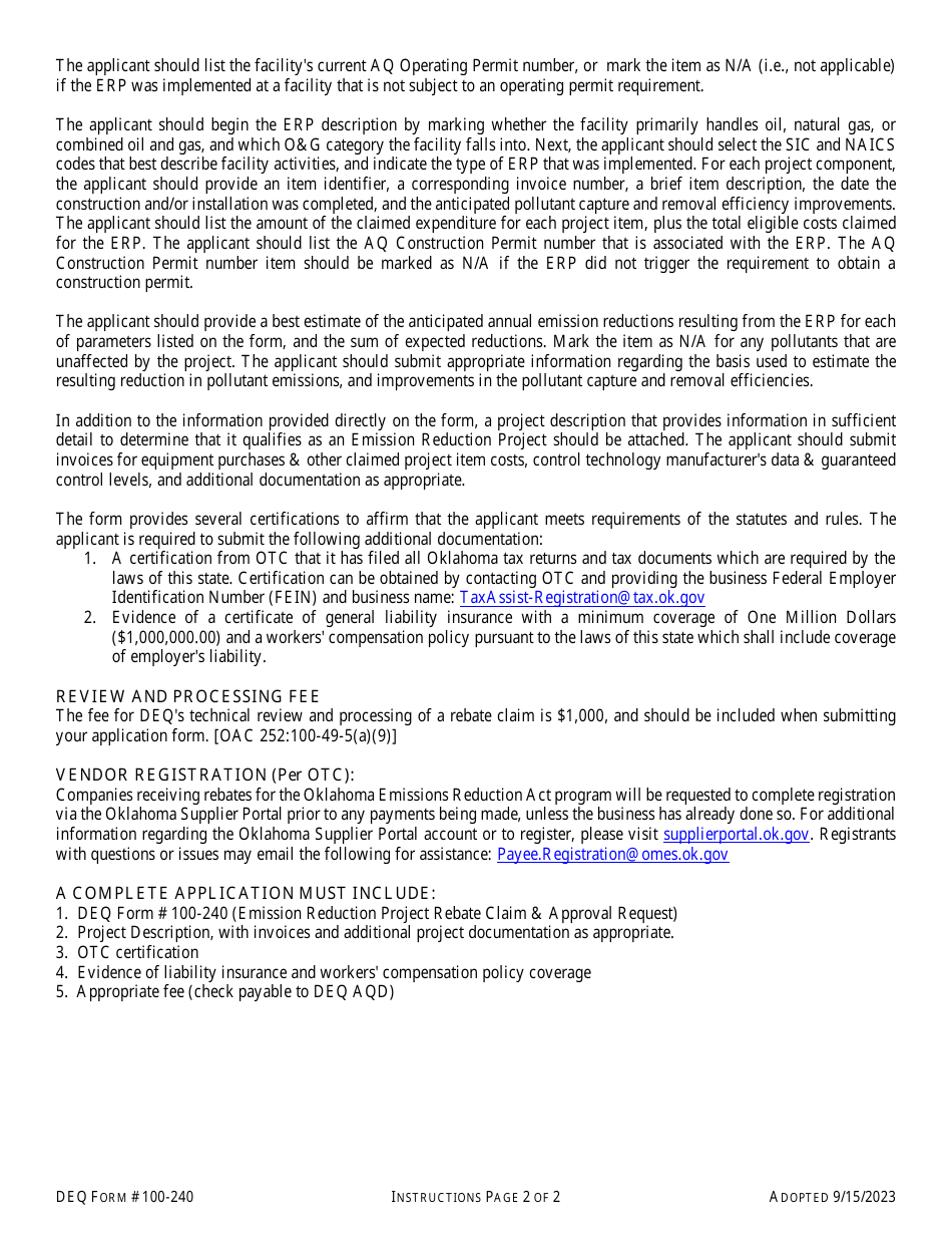 DEQ Form 100-240 Emission Reduction Project Rebate Claim  Approval Request - Oklahoma, Page 2