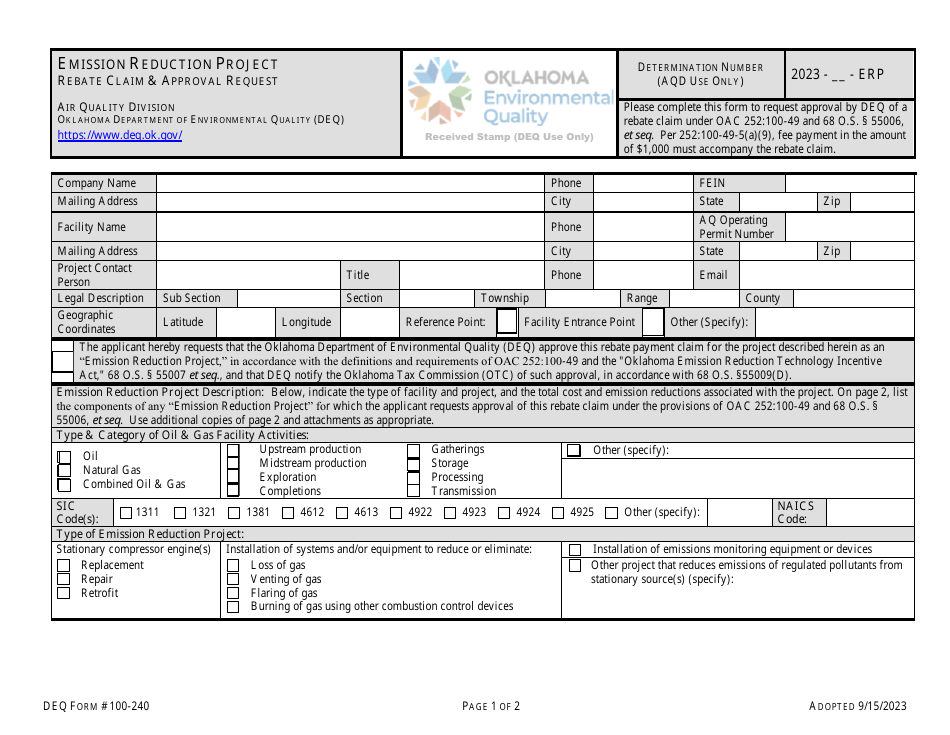DEQ Form 100-240 Emission Reduction Project Rebate Claim  Approval Request - Oklahoma, Page 3