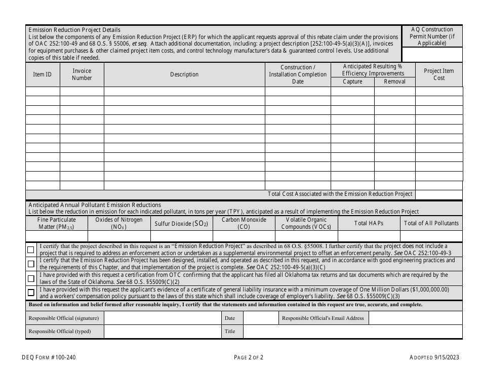 DEQ Form 100-240 Emission Reduction Project Rebate Claim  Approval Request - Oklahoma, Page 4