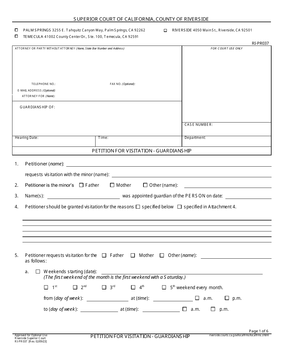 Form RI-PR037 Petition for Visitation - Guardianship - County of Riverside, California, Page 1