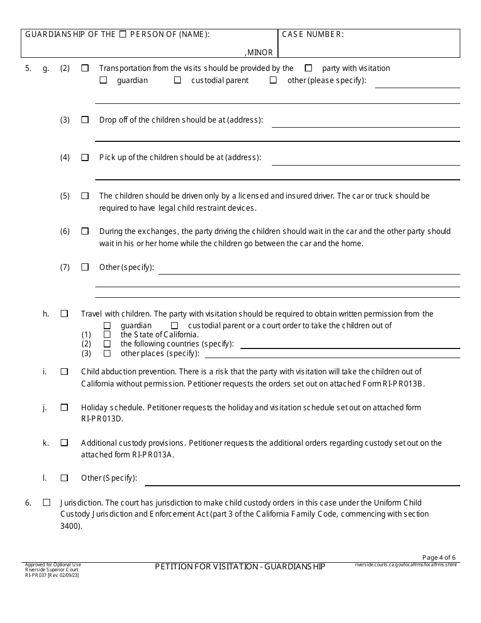 Form RI-PR037 Petition for Visitation - Guardianship - County of Riverside, California, Page 4