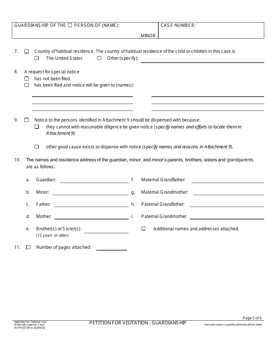 Form RI-PR037 Petition for Visitation - Guardianship - County of Riverside, California, Page 5