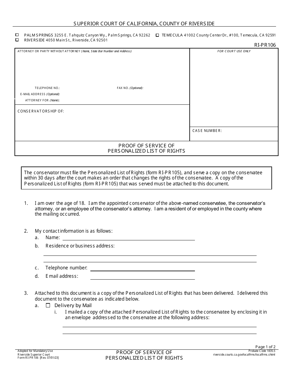 Form RI-PR106 Proof of Service of Personalized List of Rights - County of Riverside, California, Page 1