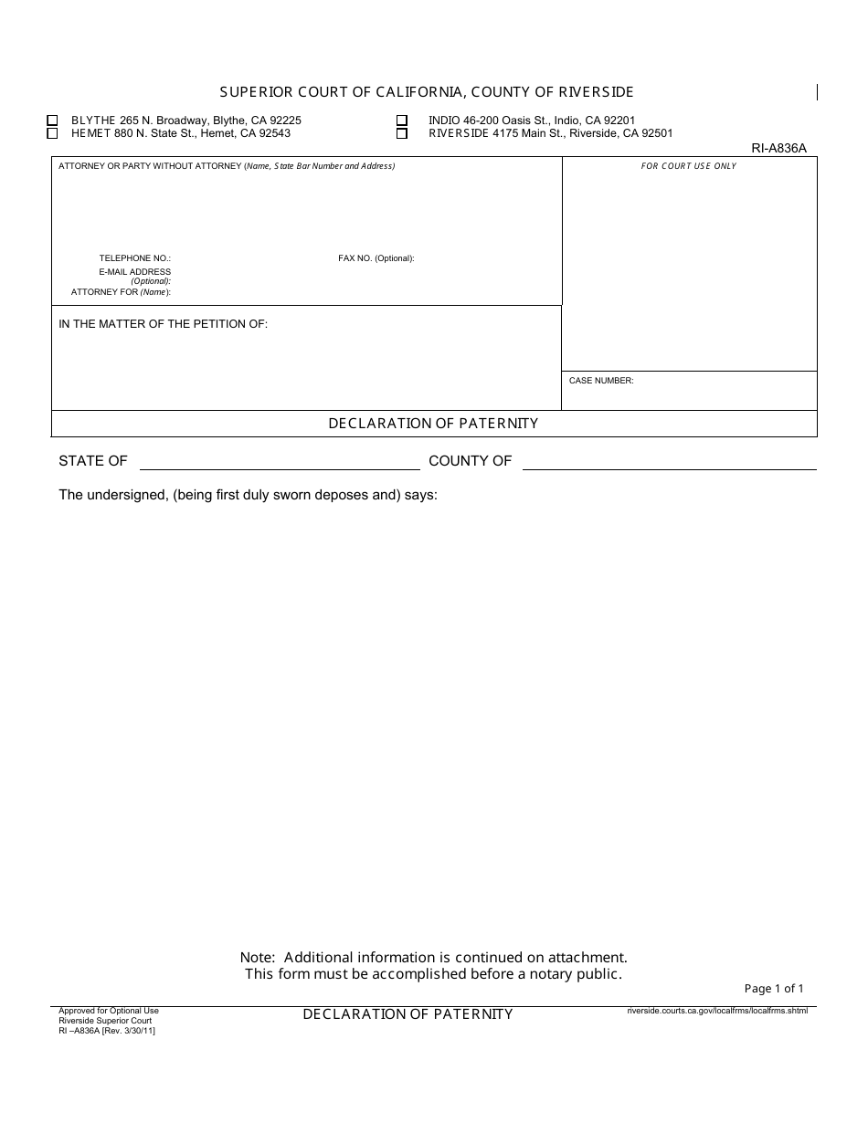 Form RI-A836A Declaration of Paternity - County of Riverside, California, Page 1
