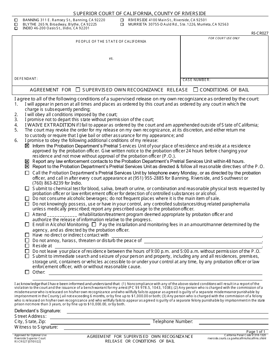 Form RI-CR027 Agreement for Supervised Own Recognizance Release / Conditions of Bail - County of Riverside, California, Page 1