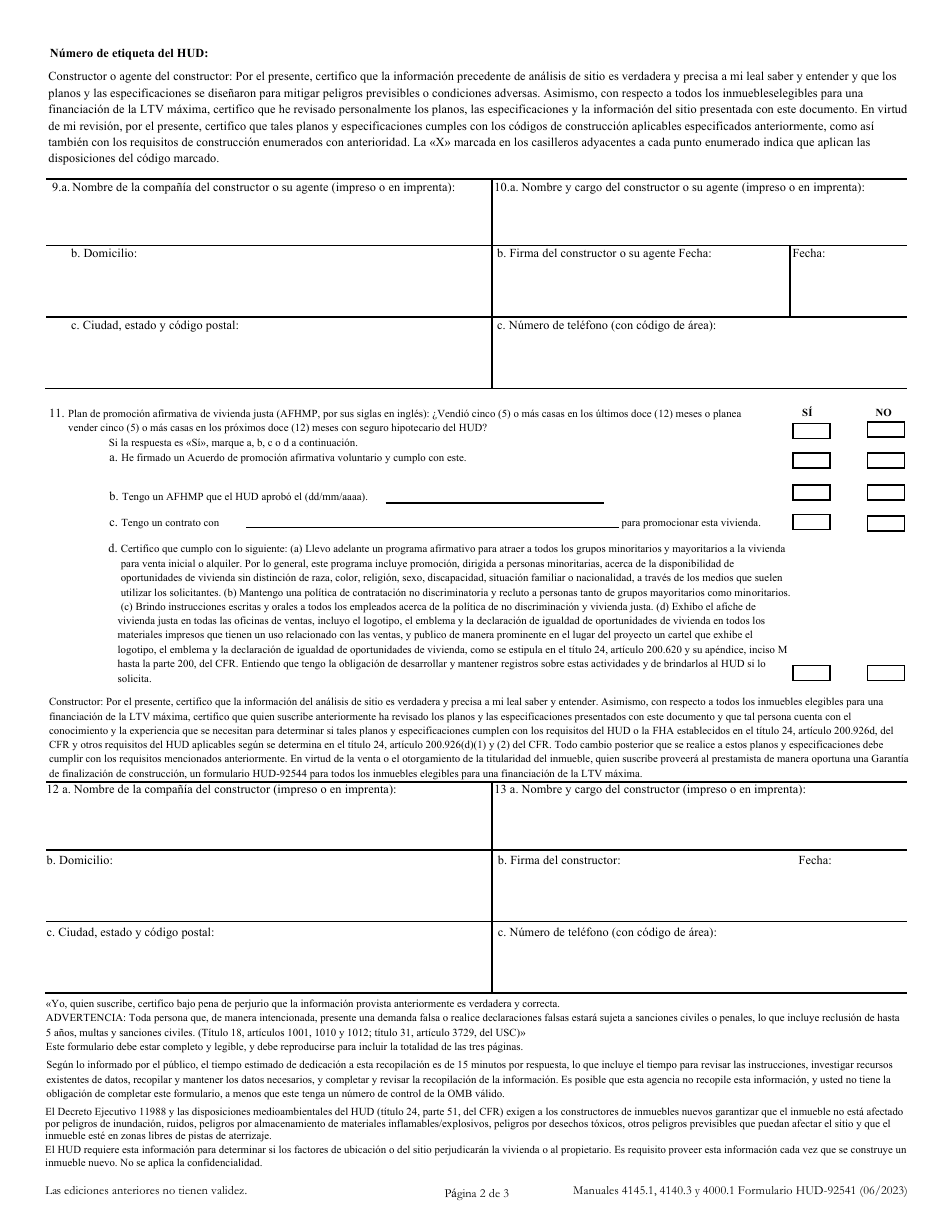 Formulario HUD-92541 Certificacion De Planos, Especificaciones Y Sitio Del Constructor (Spanish), Page 2