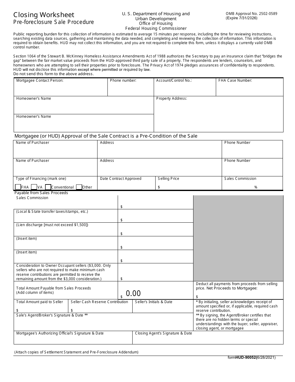 Form HUD-90052 Closing Worksheet - Pre-foreclosure Sale Procedure, Page 1