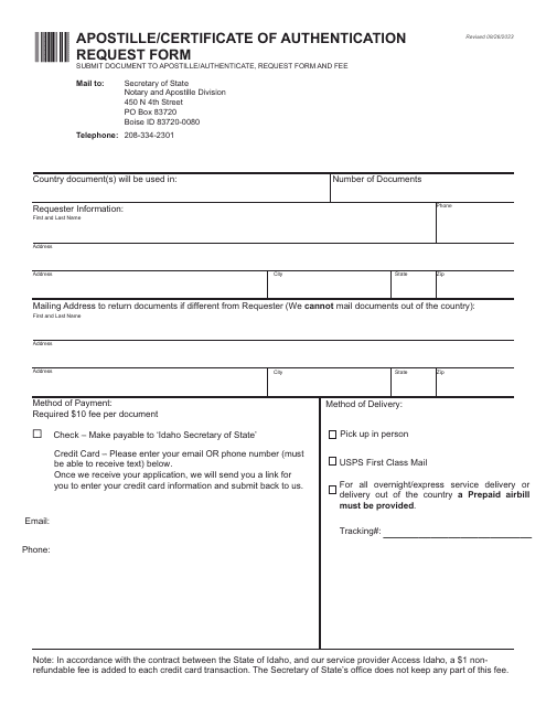 Apostille / Certificate of Authentication Request Form - Idaho Download Pdf