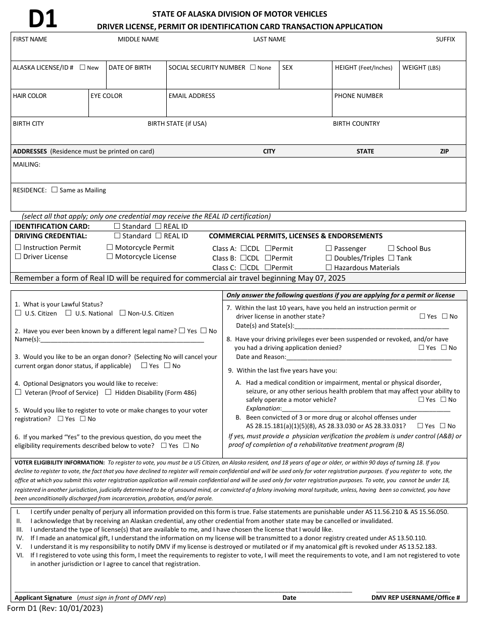 Form D1 Download Fillable PDF or Fill Online Driver License, Permit or ...