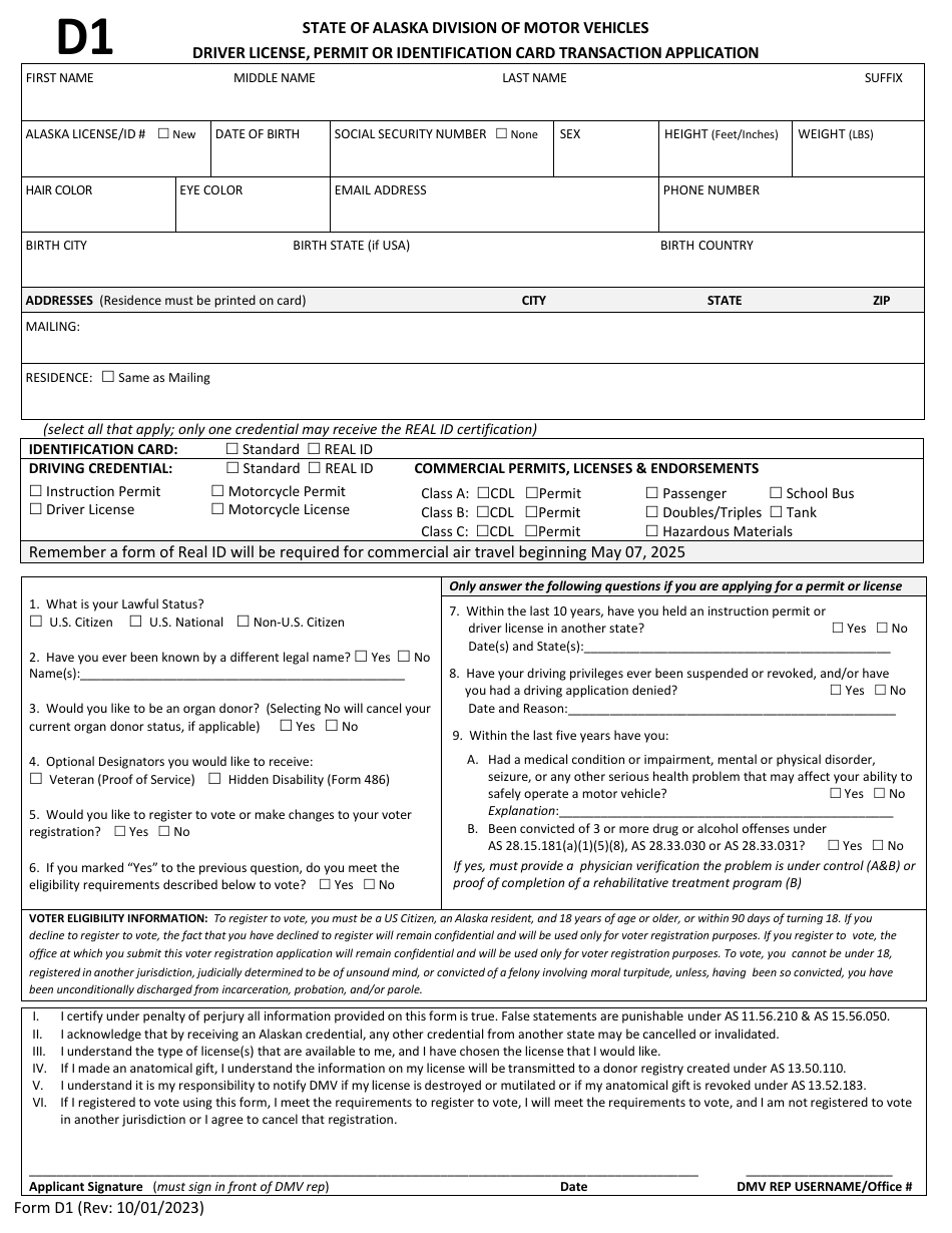 Form D1 Driver License, Permit or Identification Card Transaction Application - Alaska, Page 1