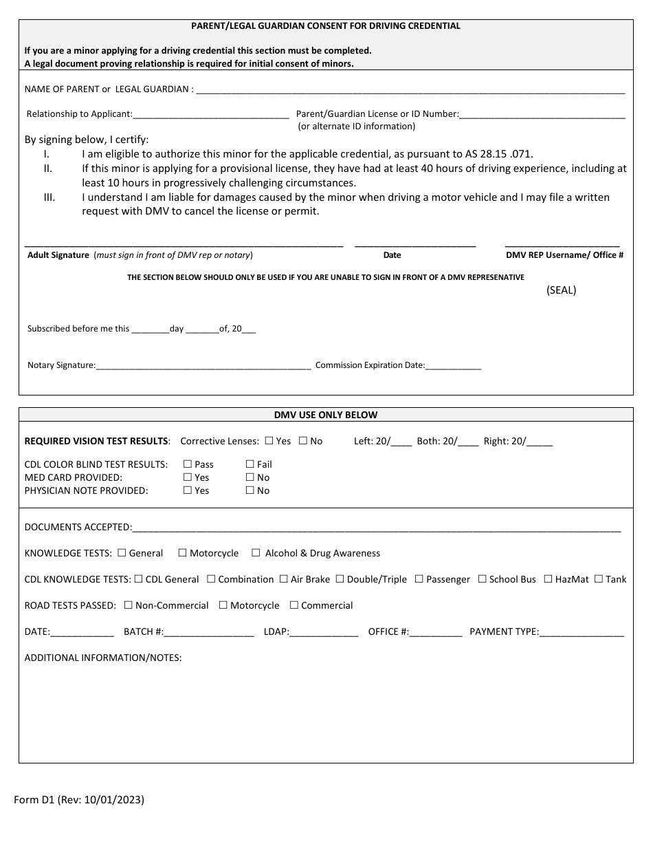 Form D1 Download Fillable PDF or Fill Online Driver License, Permit or ...