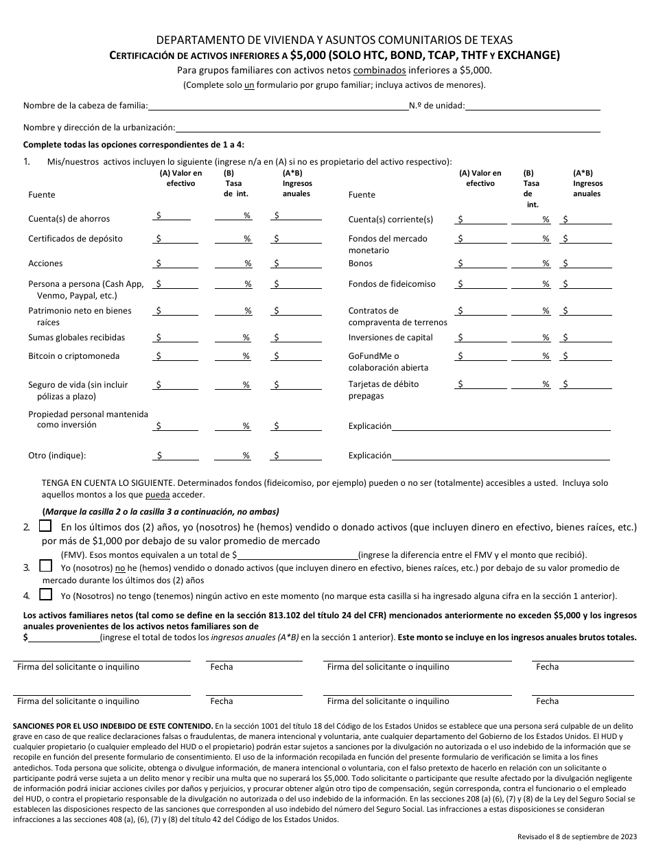 Certificacion De Activos Inferiores a $5,000 (Solo Htc, Bond, Tcap, Thtf Y Exchange) - Texas (Spanish), Page 1