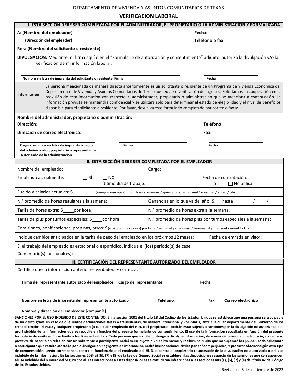 Verificacion Laboral - Texas (Spanish), Page 1