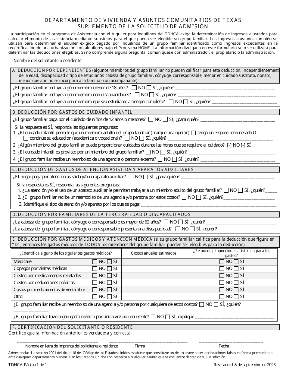 Suplemento De La Solicitud De Admision - Texas (Spanish), Page 1