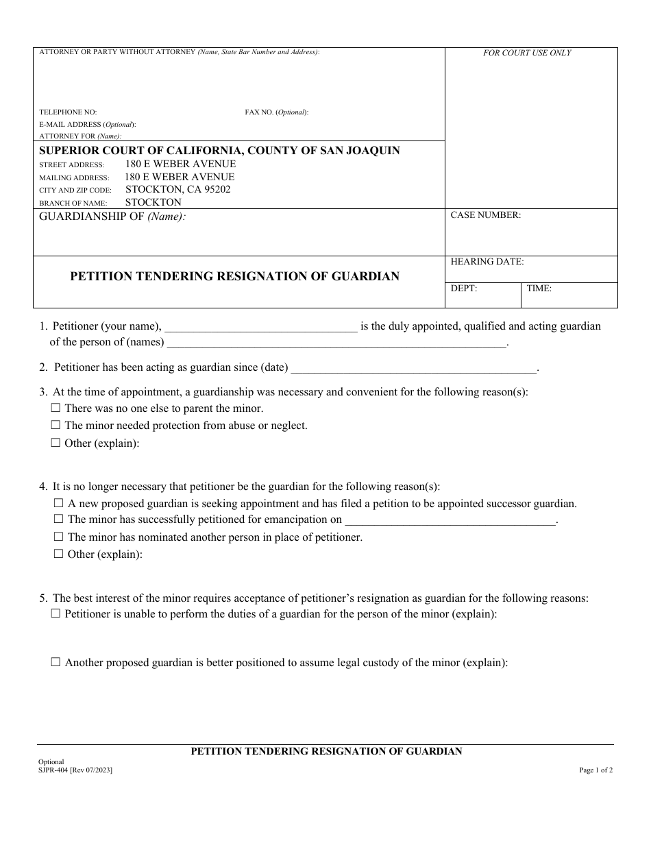 Form SJPR-404 Petition Tendering Resignation of Guardian - County of San Joaquin, California, Page 1