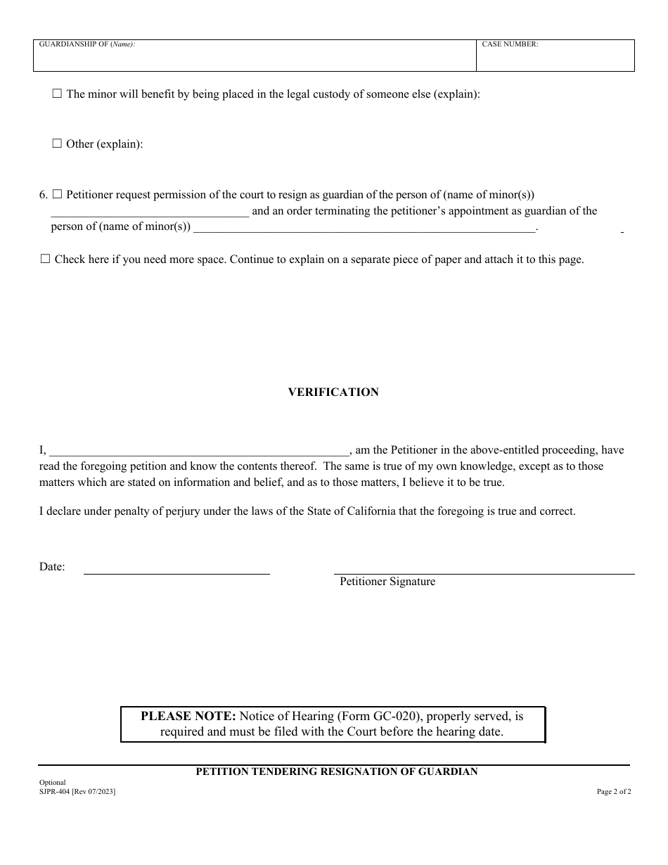Form SJPR-404 Petition Tendering Resignation of Guardian - County of San Joaquin, California, Page 2