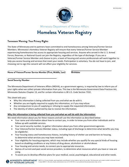 Homeless Veteran Registry Release of Information Form - Minnesota