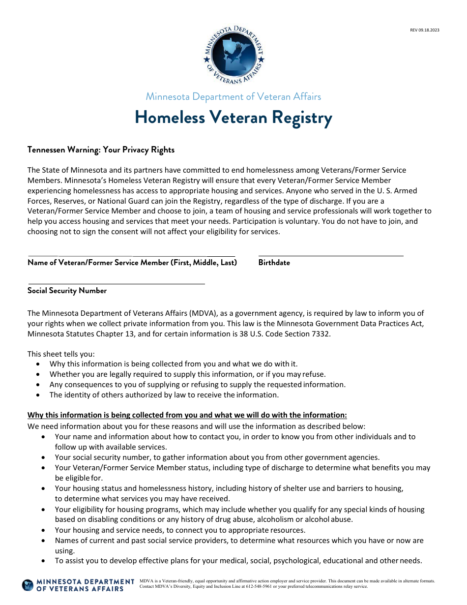 Homeless Veteran Registry Release of Information Form - Minnesota, Page 1