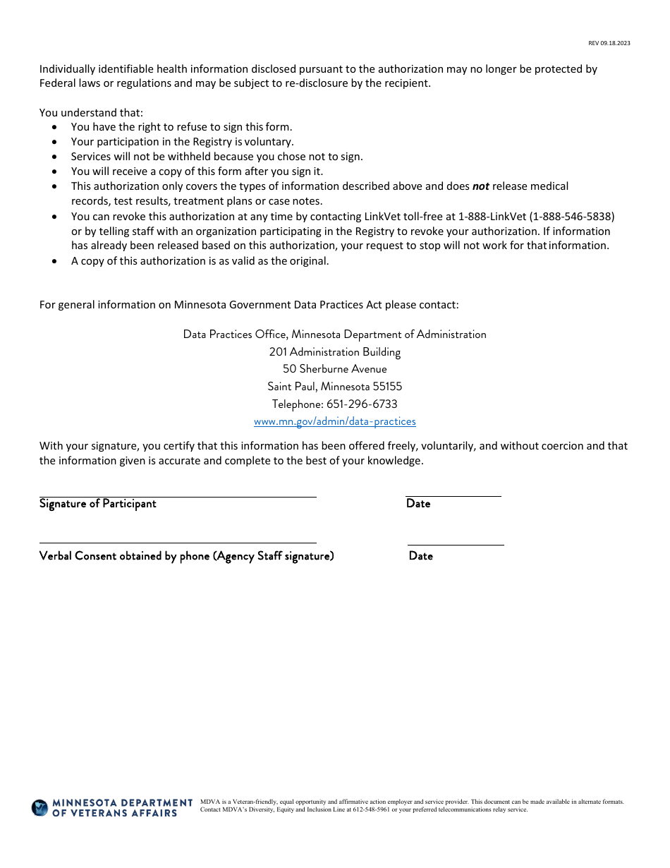 Homeless Veteran Registry Release of Information Form - Minnesota, Page 3