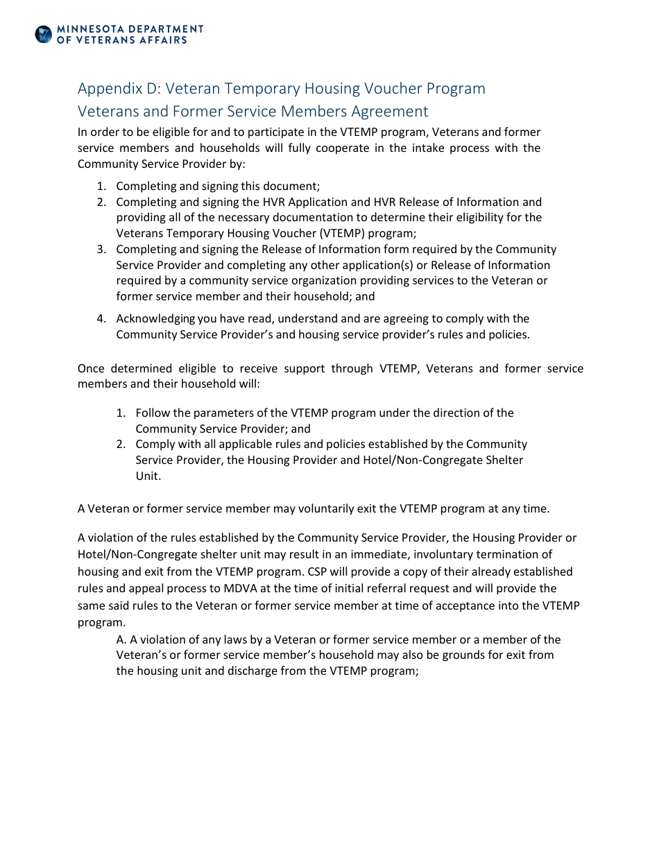 Minnesota Veterans and Former Service Members Agreement Veteran
