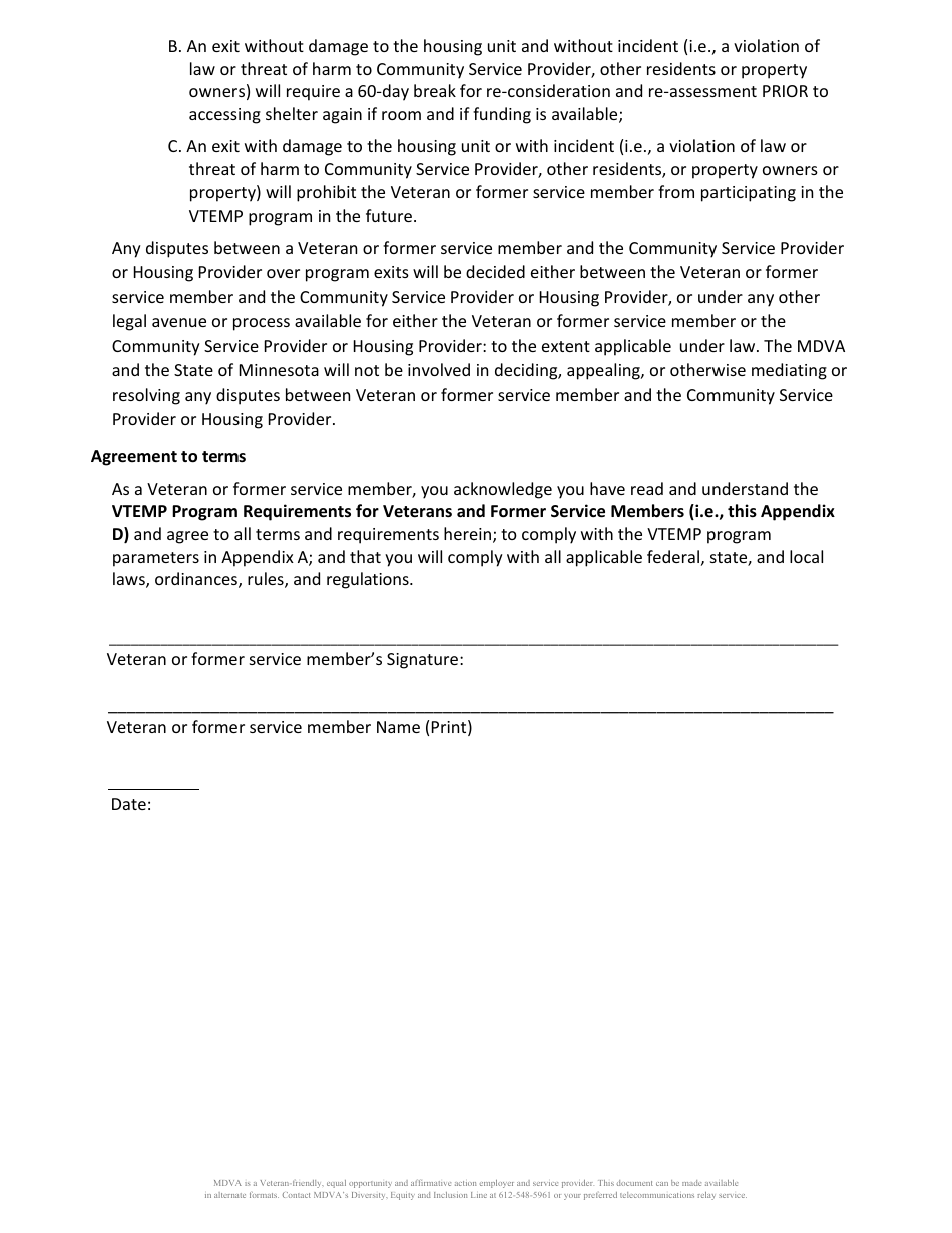 Minnesota Veterans and Former Service Members Agreement Veteran