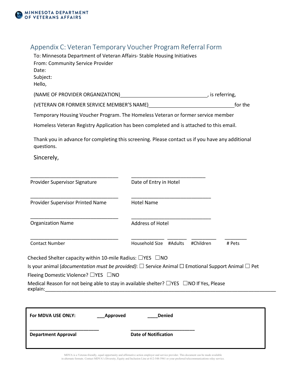 Appendix C Veteran Temporary Voucher Program Referral Form - Minnesota, Page 1