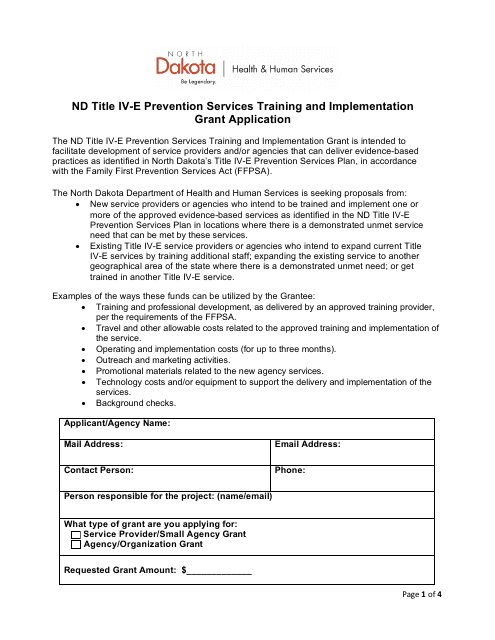 Nd Title IV-E Prevention Services Training and Implementation Grant Application - North Dakota Download Pdf