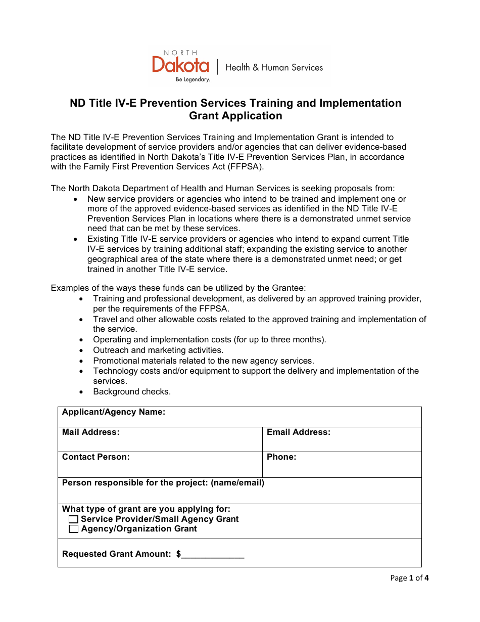 Nd Title IV-E Prevention Services Training and Implementation Grant Application - North Dakota, Page 1