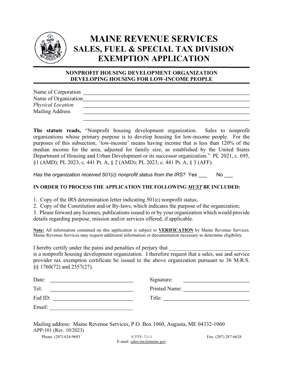 Form APP-101 Exemption Application - Nonprofit Housing Development Organization Developing Housing for Low-Income People - Maine, Page 1
