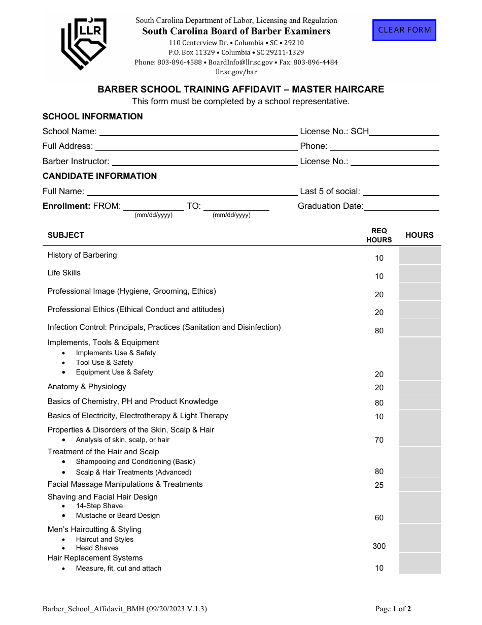 Barber School Training Affidavit - Master Haircare - South Carolina, Page 1