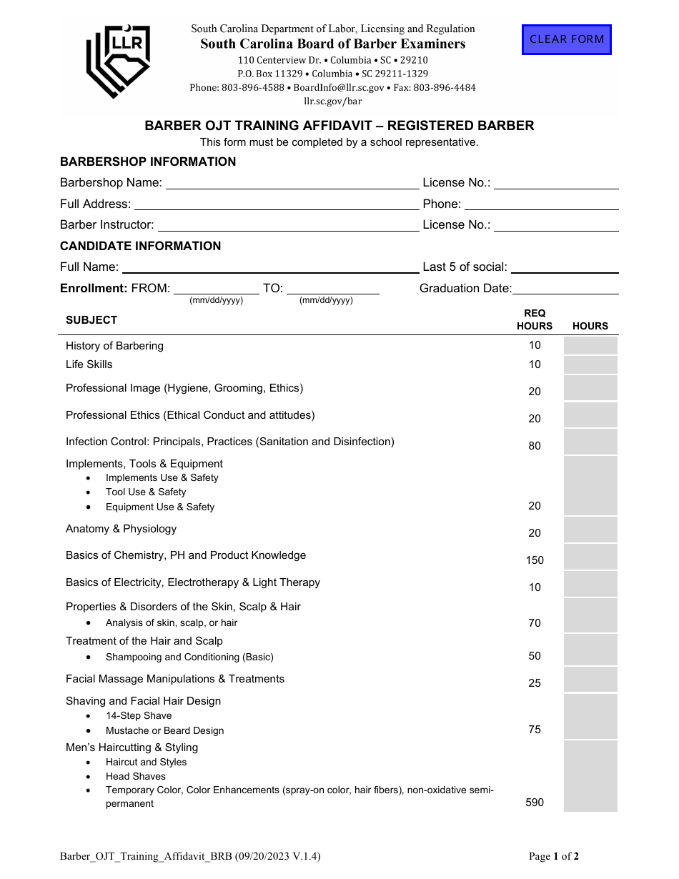 South Carolina Barber Ojt Training Affidavit Registered Barber Fill