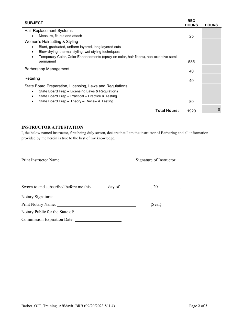 Barber Ojt Training Affidavit - Registered Barber - South Carolina, Page 2