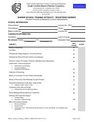 Document preview: Barber School Training Affidavit - Registered Barber - South Carolina