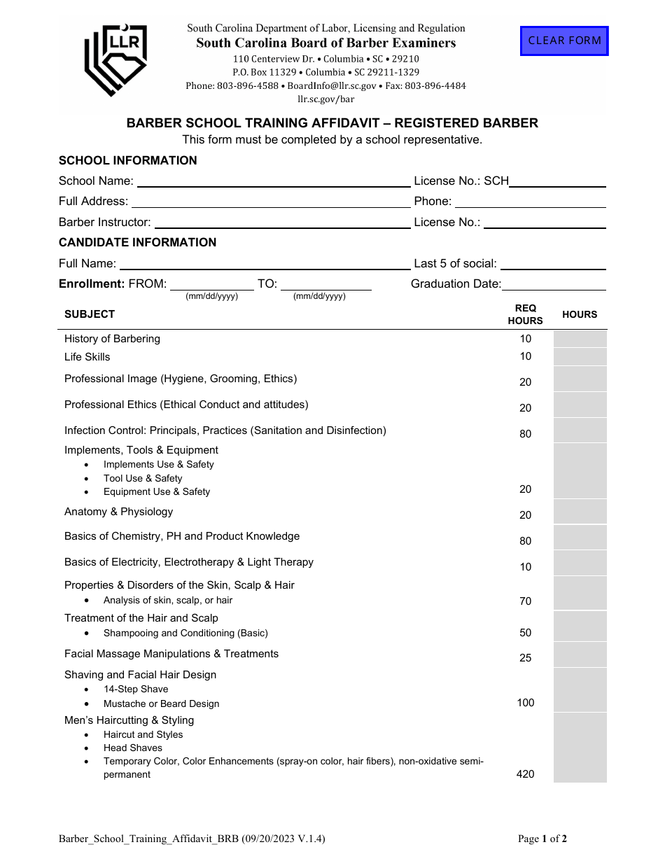 Barber School Training Affidavit - Registered Barber - South Carolina, Page 1