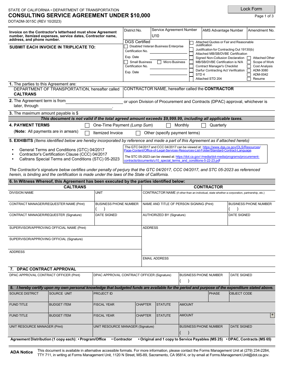 Form DOT ADM-3015C Consulting Service Agreement Under $10,000 - California, Page 1