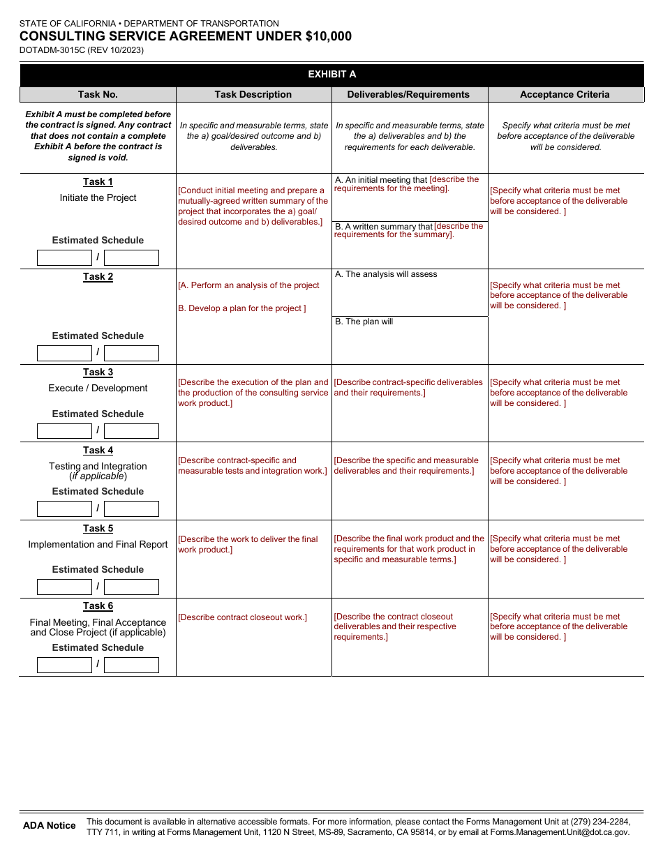 Form DOT ADM-3015C Consulting Service Agreement Under $10,000 - California, Page 3