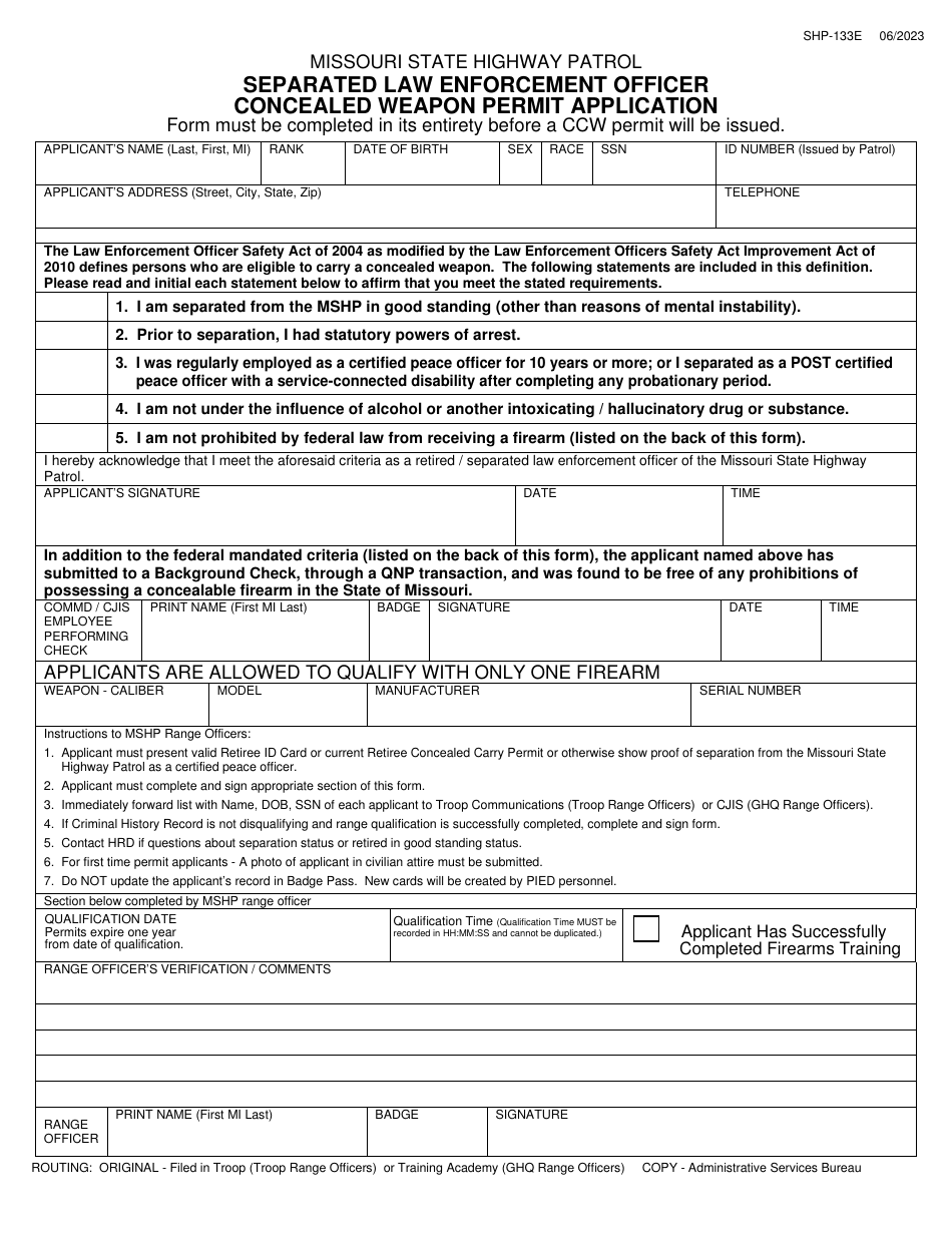 Form SHP-133E Separated Law Enforcement Officer Concealed Weapon Permit Application - Missouri, Page 1