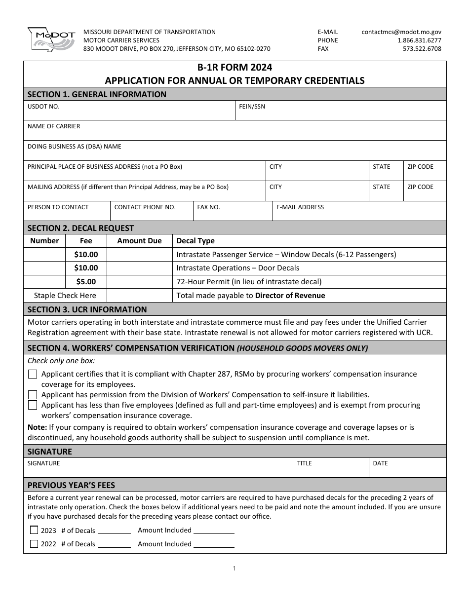 Form B-1R Application for Annual or Temporary Credentials - Missouri, Page 1