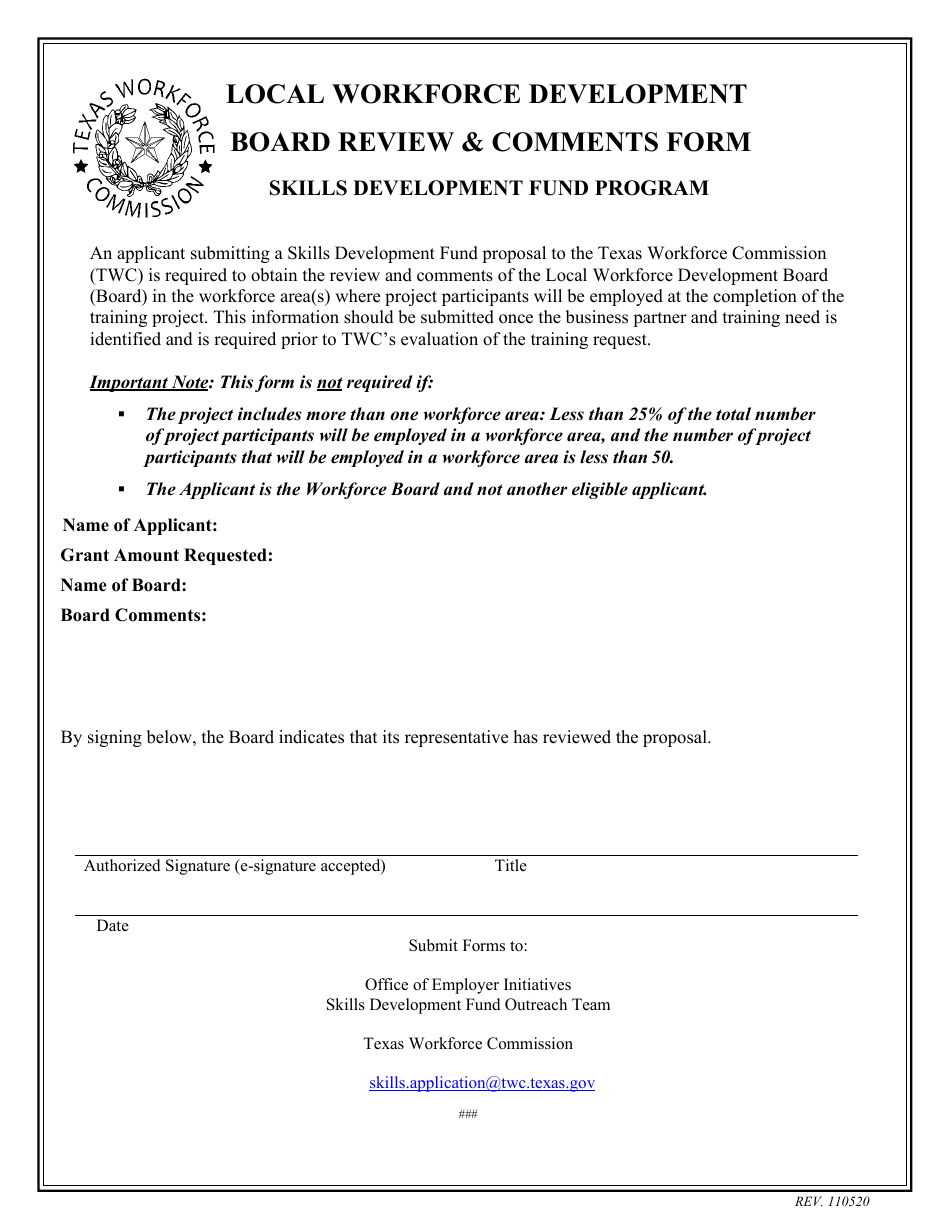 Board Review  Comments Form - Skills Development Fund Program - Texas, Page 1
