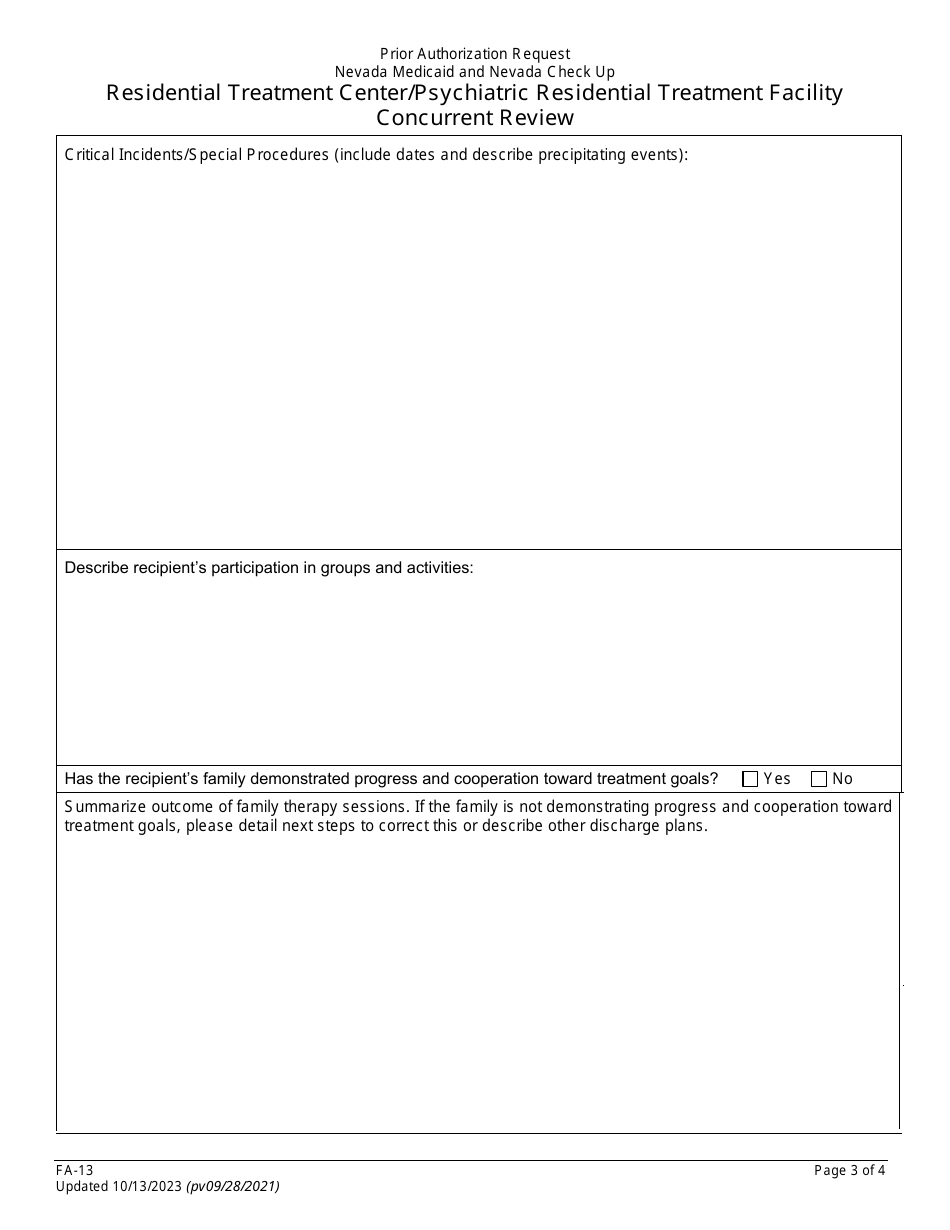 Form FA-13 Residential Treatment Center / Psychiatric Residential Treatment Facility Concurrent Review - Nevada, Page 3