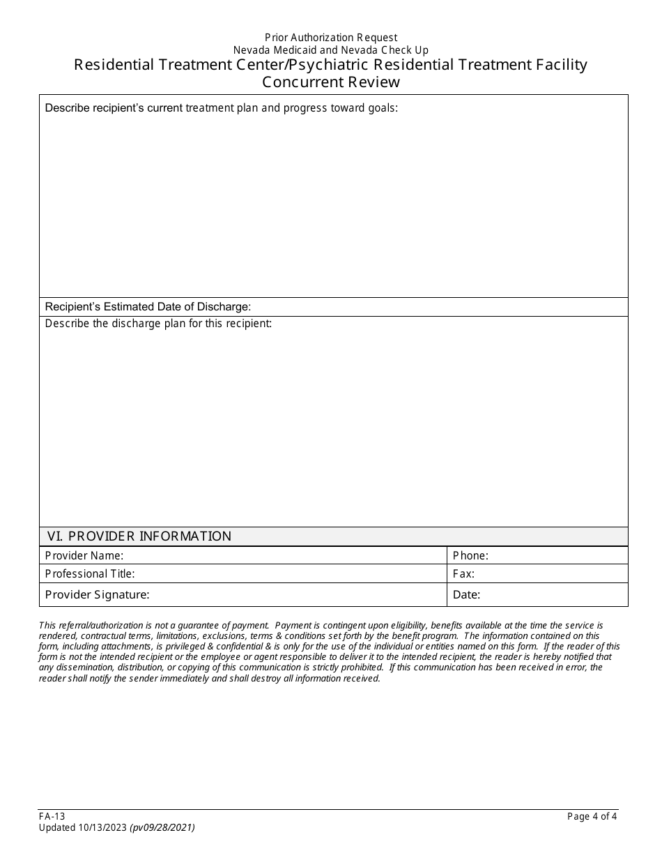 Form FA-13 Residential Treatment Center / Psychiatric Residential Treatment Facility Concurrent Review - Nevada, Page 4