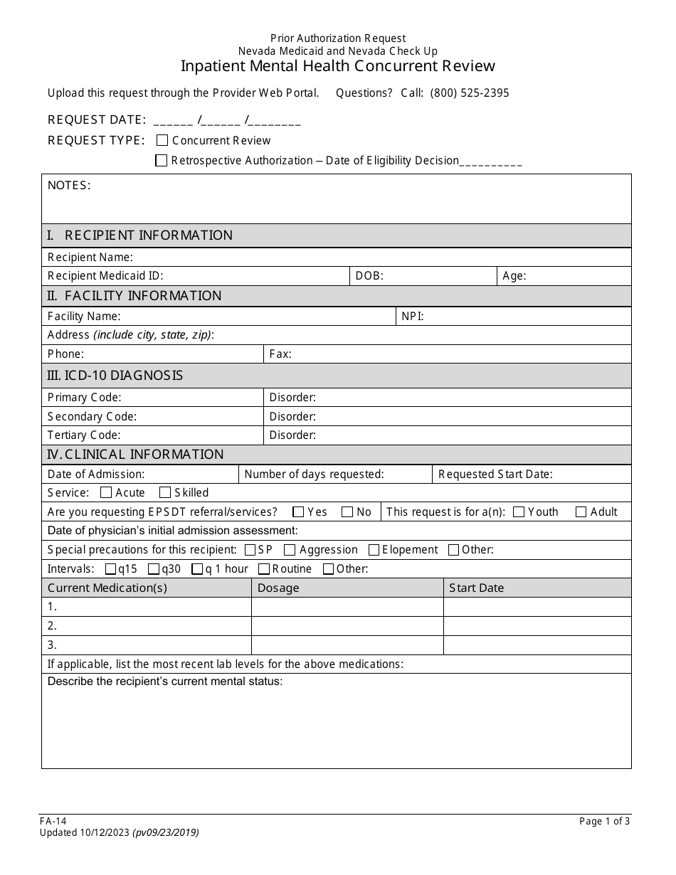 Form FA-14 Inpatient Mental Health Concurrent Review - Nevada, Page 1