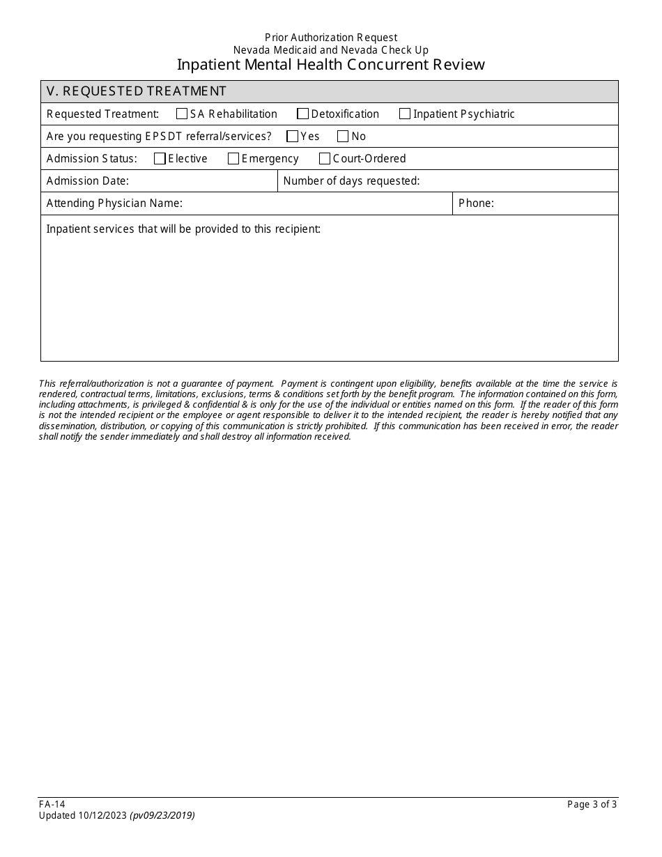 Form FA-14 Inpatient Mental Health Concurrent Review - Nevada, Page 3